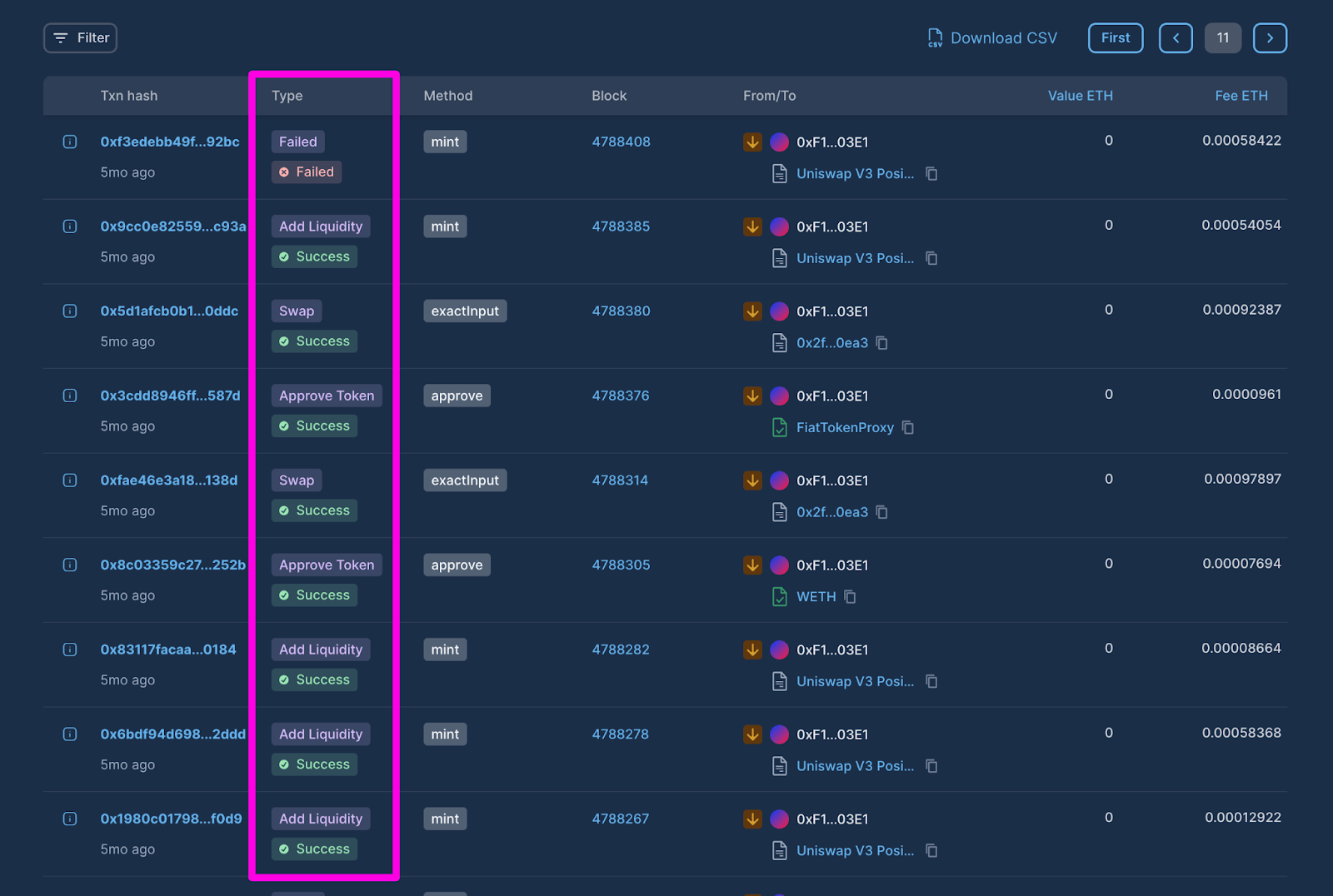 Type section on Blockscout with Noves data