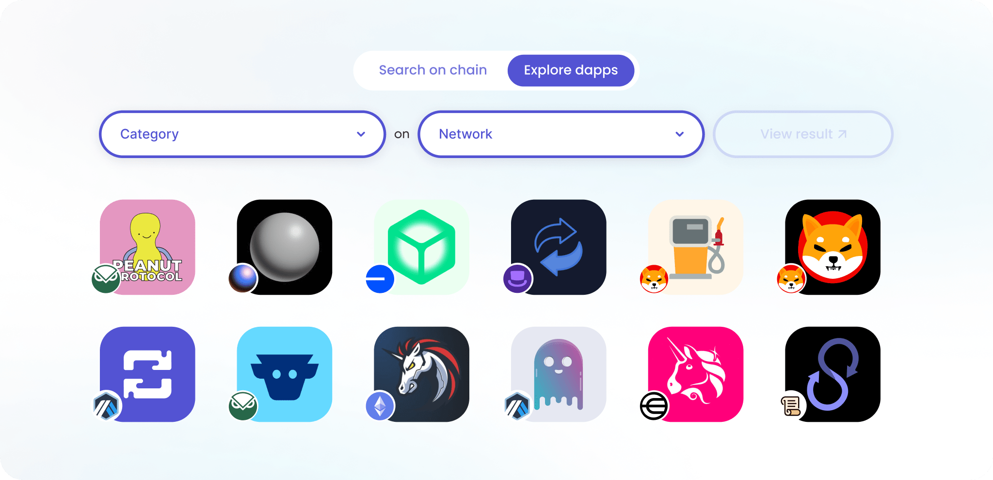 Explore Dapps on your favorite networks, organized by category and available instantly through search or filters.