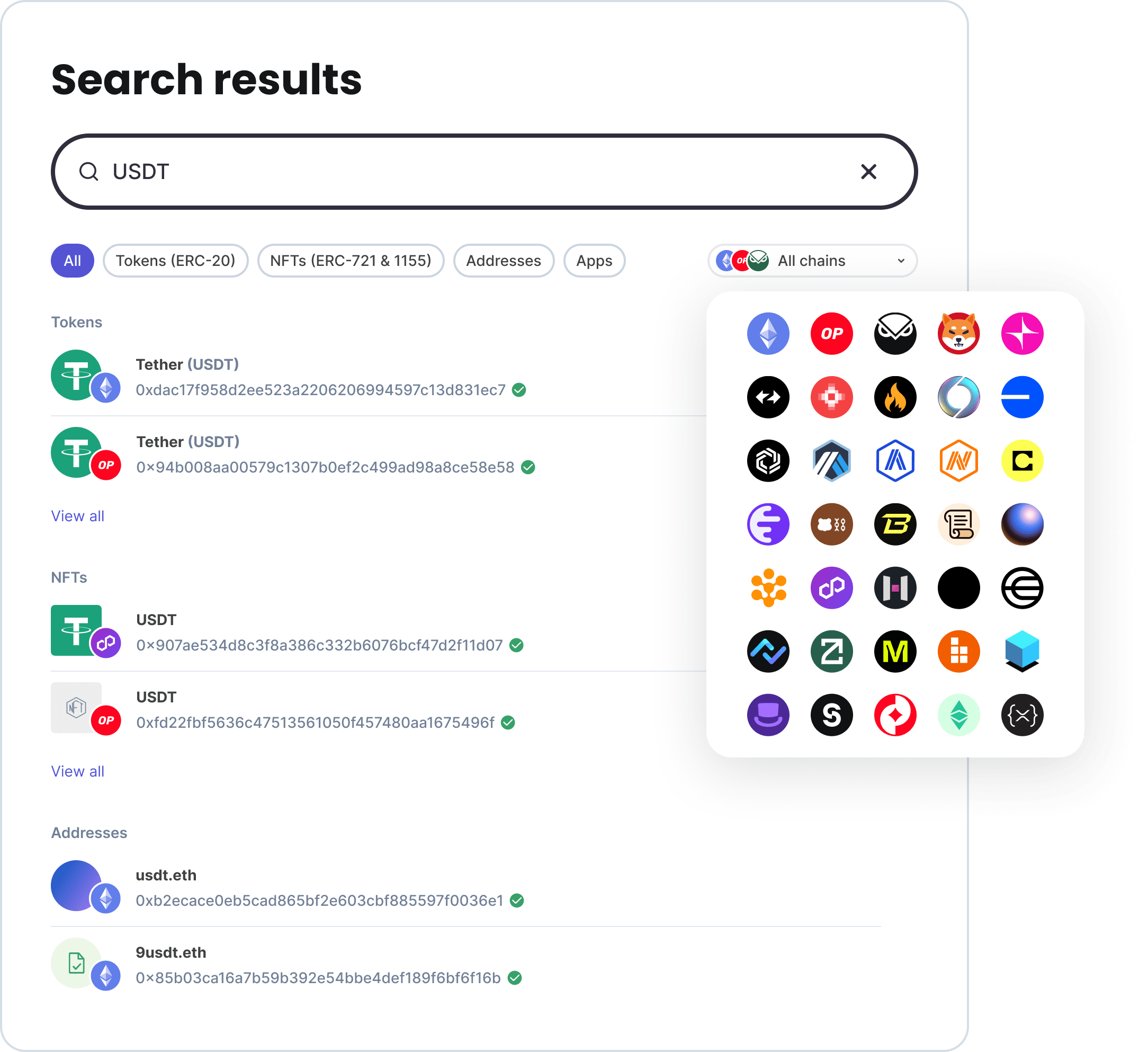 wallet, token, transaction, contract, dapp, or ENS. Results populate instantly across supported networks.