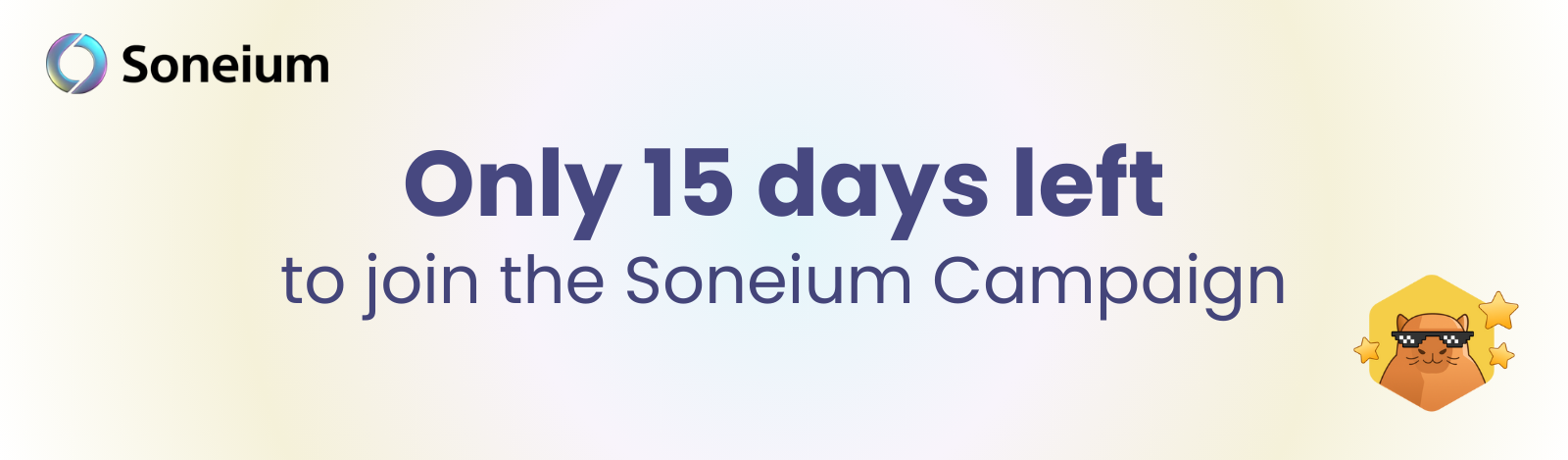 Promotional banner from Soneium stating “Only 15 days left to join the Soneium Campaign” with a cool capybara illustration on the right