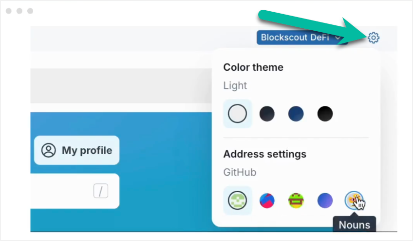 Blockscout settings panel showing color theme options and address settings with GitHub integration and Nouns NFT avatar selection interface
