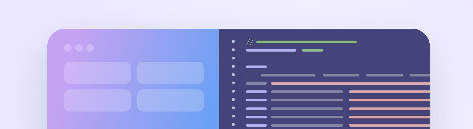 Split-screen interface showing blockchain explorer dashboard with UI elements and code editor with syntax highlighting