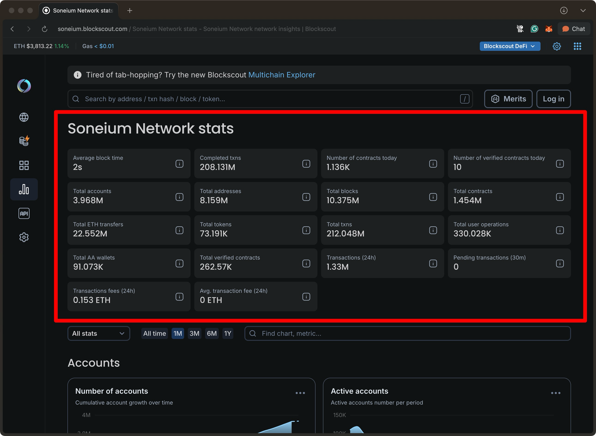 Soneium Network stats on Blockscout showing 212M total transactions and 330K user operations