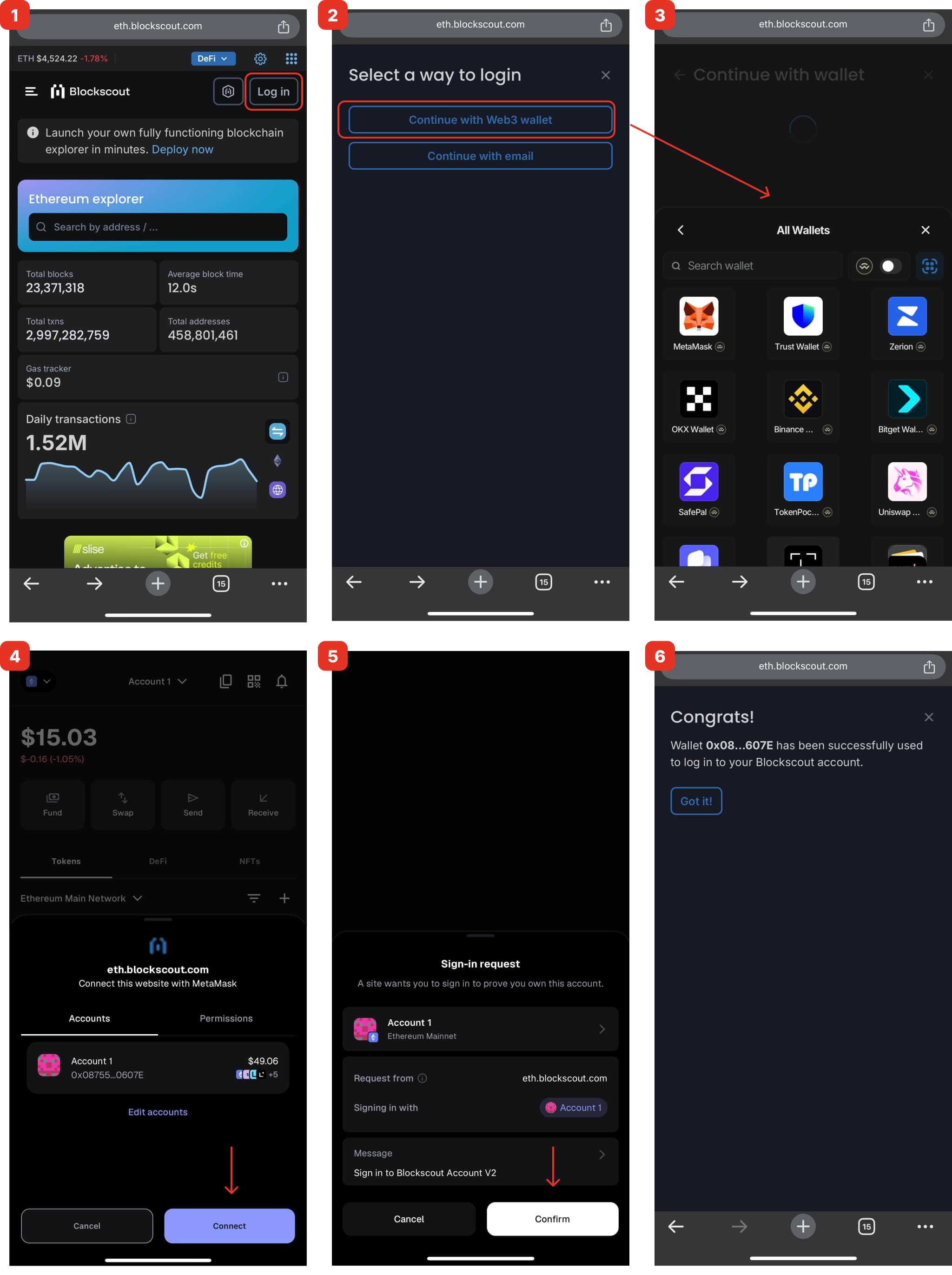 How to connect MetaMask wallet to Blockscout on mobile 2025 — step-by-step login flow with Web3 wallet selection, account connection, and confirmation success screen