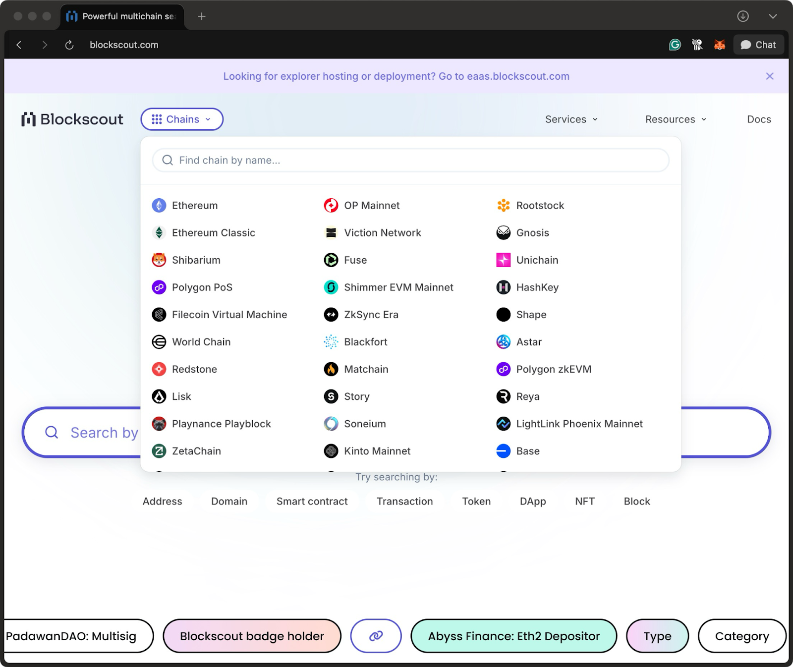 Blockscout supported chains 2025 — multichain blockchain explorer with Ethereum, Polygon, Base, ZkSync, Gnosis and more, connect wallet to Blockscout for on-chain analytics