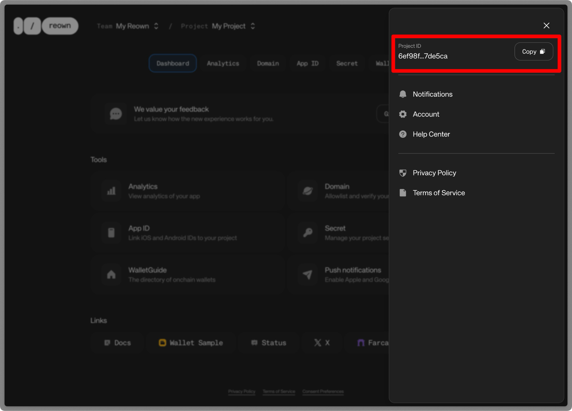 Reown project ID 2025 — project settings panel showing unique identifier and options for account, notifications, and integration setup on Web3 UX platform