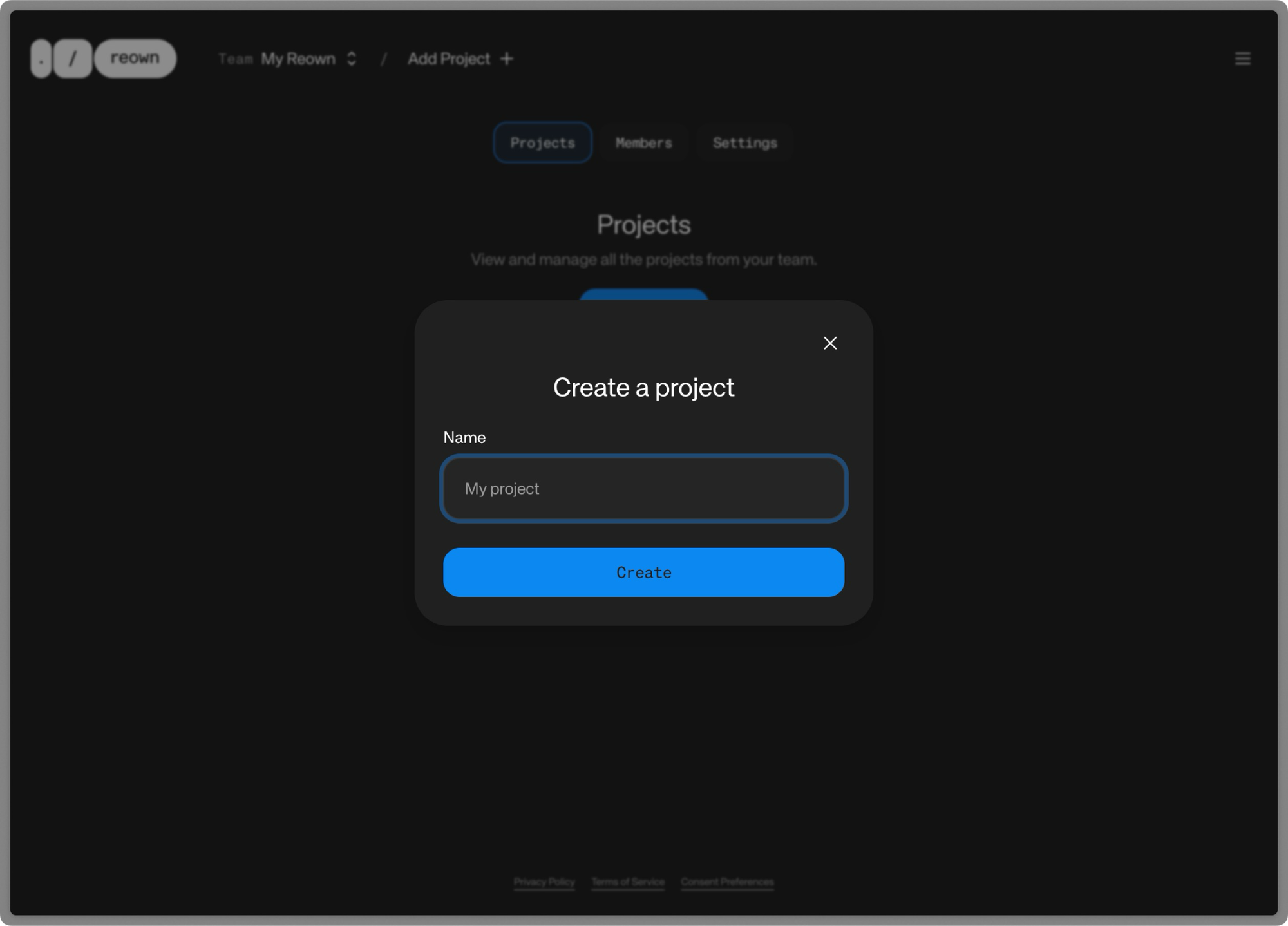 Reown project creation 2025 — create a new Web3 project by entering a project name inside the onchain UX platform workspace