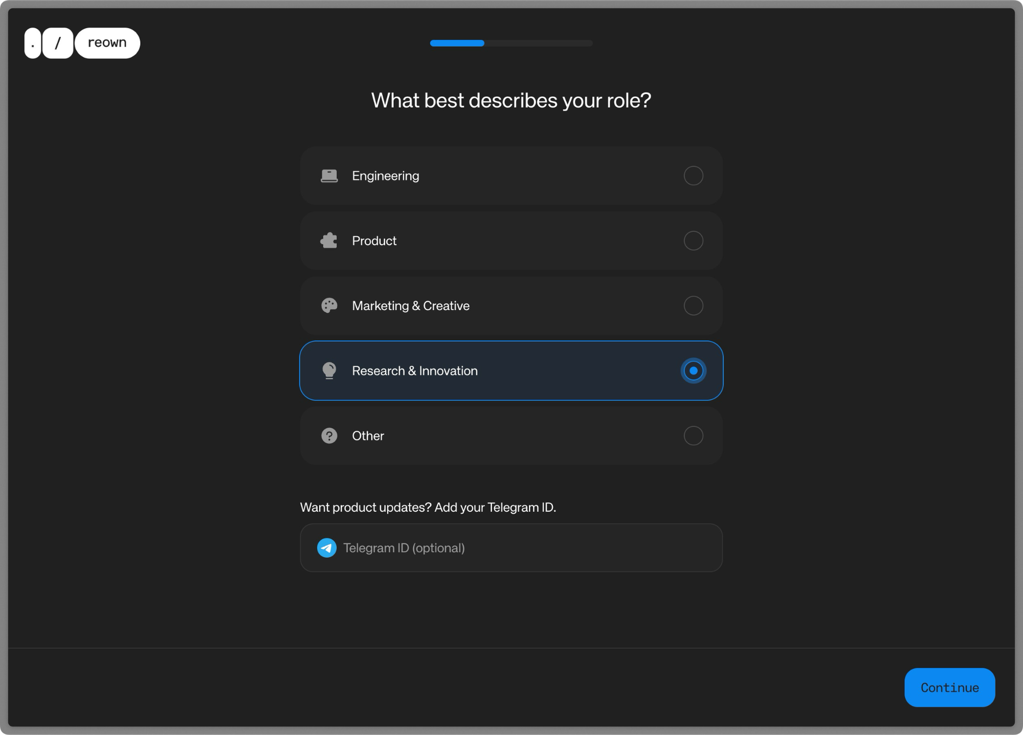 Reown onboarding flow 2025 — Web3 onchain UX platform role selection screen with options for engineering, product, marketing, research and innovation