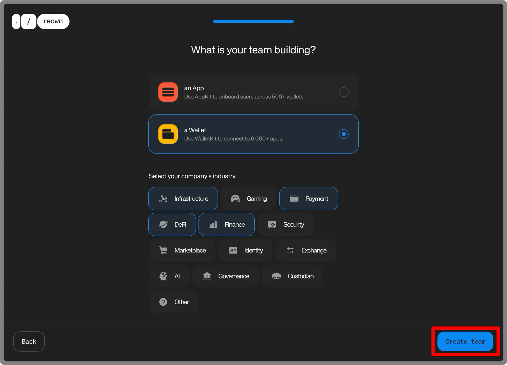 Reown onboarding 2025 — team setup screen for choosing between app or wallet development and selecting industry focus like DeFi, finance, gaming, or infrastructure on Web3 UX platform