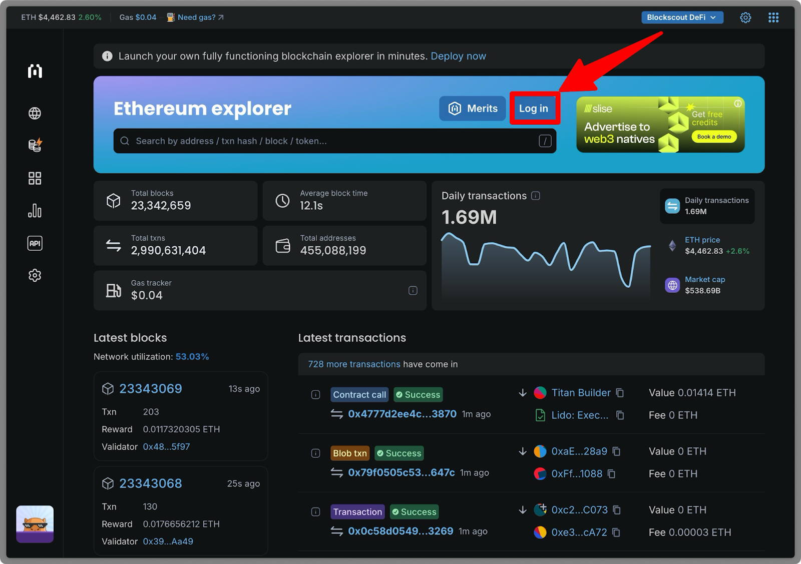 Blockscout Ethereum explorer dashboard 2025 with live blockchain data, transactions, gas tracker, daily activity chart, and log in option to connect wallet for on-chain analytics