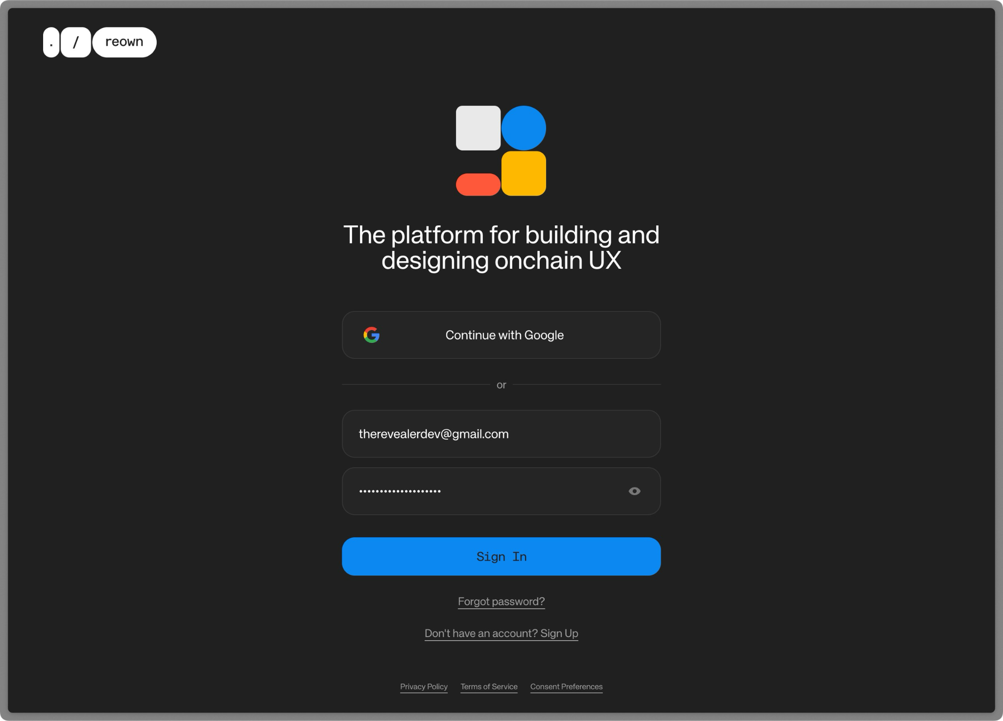 Reown login page 2025 — Web3 onchain UX platform sign-in screen with Google and email options for connecting accounts