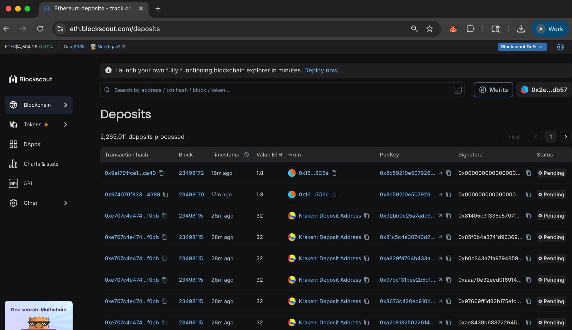 Blockscout Ethereum deposits page displaying validator deposit transactions with block numbers timestamps and pending status