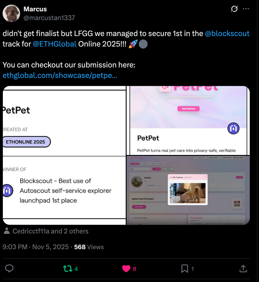 PetPet wins first place in Blockscout track at ETHGlobal Online 2025 hackathon: privacy-safe digital pet care platform