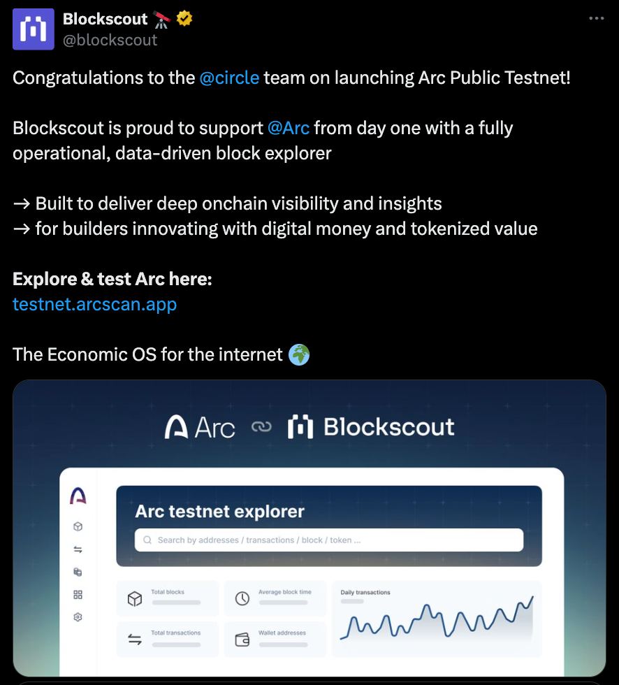 Blockscout announcement: official blockchain explorer partnership with Circle's Arc Layer-1 testnet showing explorer interface mockup