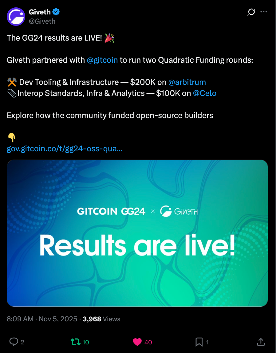 Giveth announcement: Gitcoin GG24 Quadratic Funding results showing $200K for dev tooling on Arbitrum and $100K for interop standards on Celo
