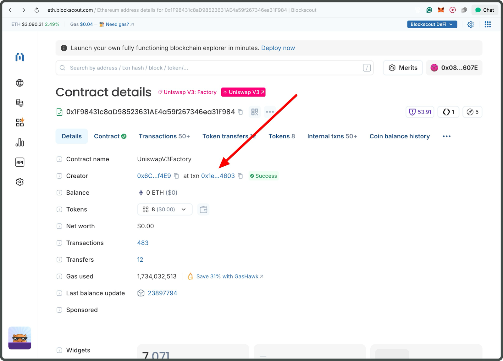 Blockscout Ethereum explorer showing Uniswap V3 Factory smart contract creator address with arrow highlighting successful deployment transaction 0x1e...4603