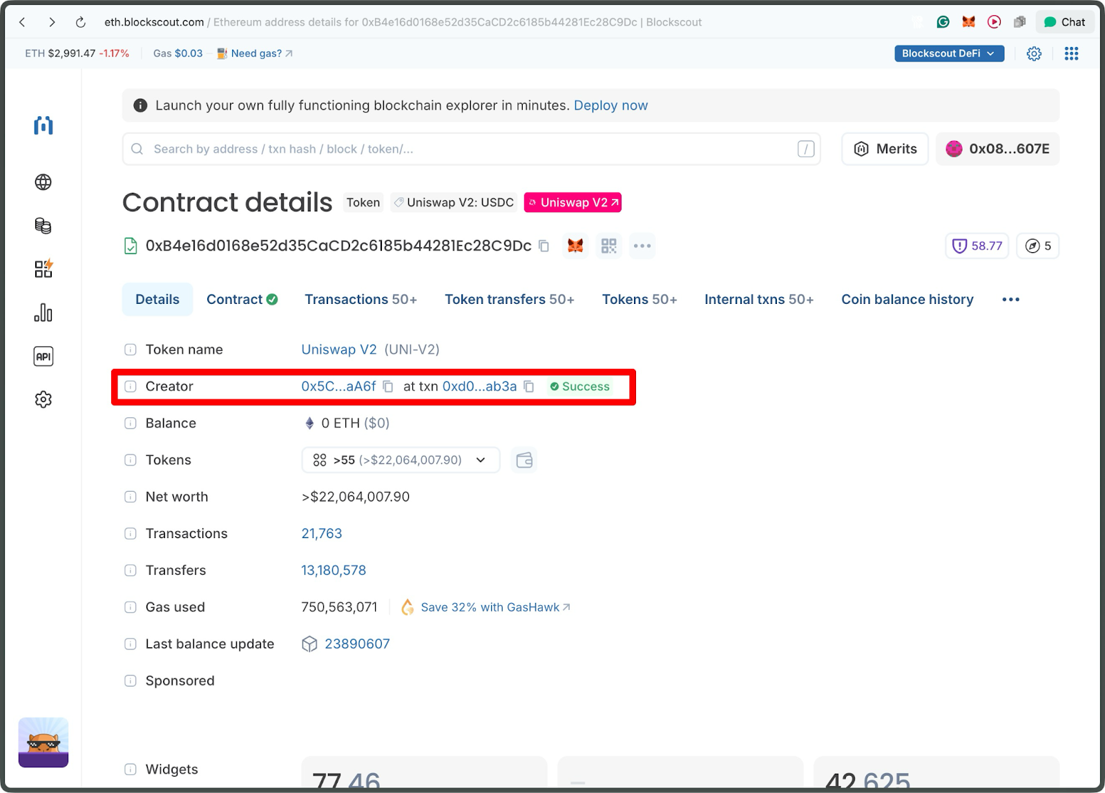 Blockscout Ethereum explorer displaying Uniswap V2 (UNI-V2) USDC token contract with creator address and successful deployment transaction highlighted, showing token balance, net worth, and transfer statistics