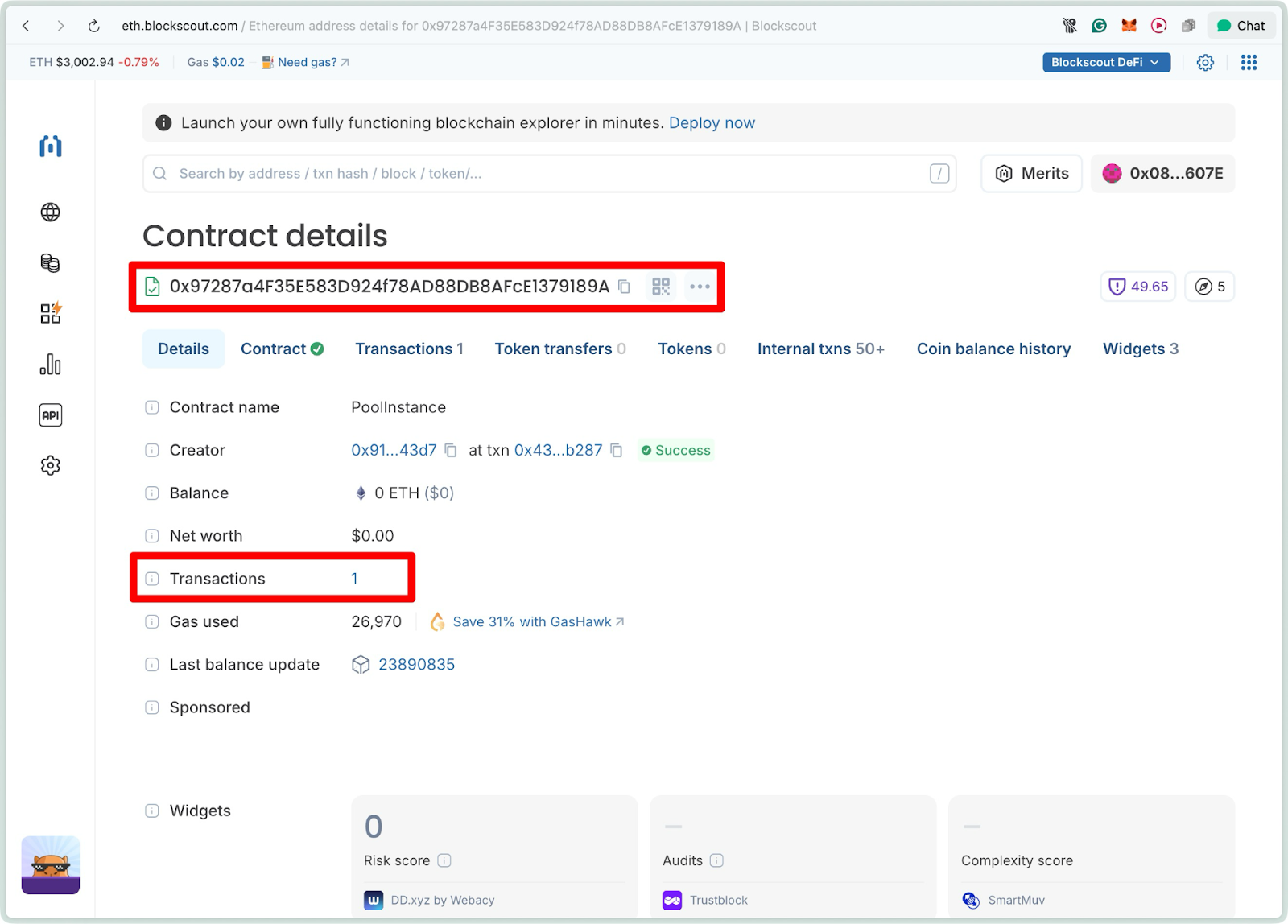 Blockscout Ethereum explorer Contract details displaying PoolInstance contract address and transaction count of 1 highlighted with creator information and balance
