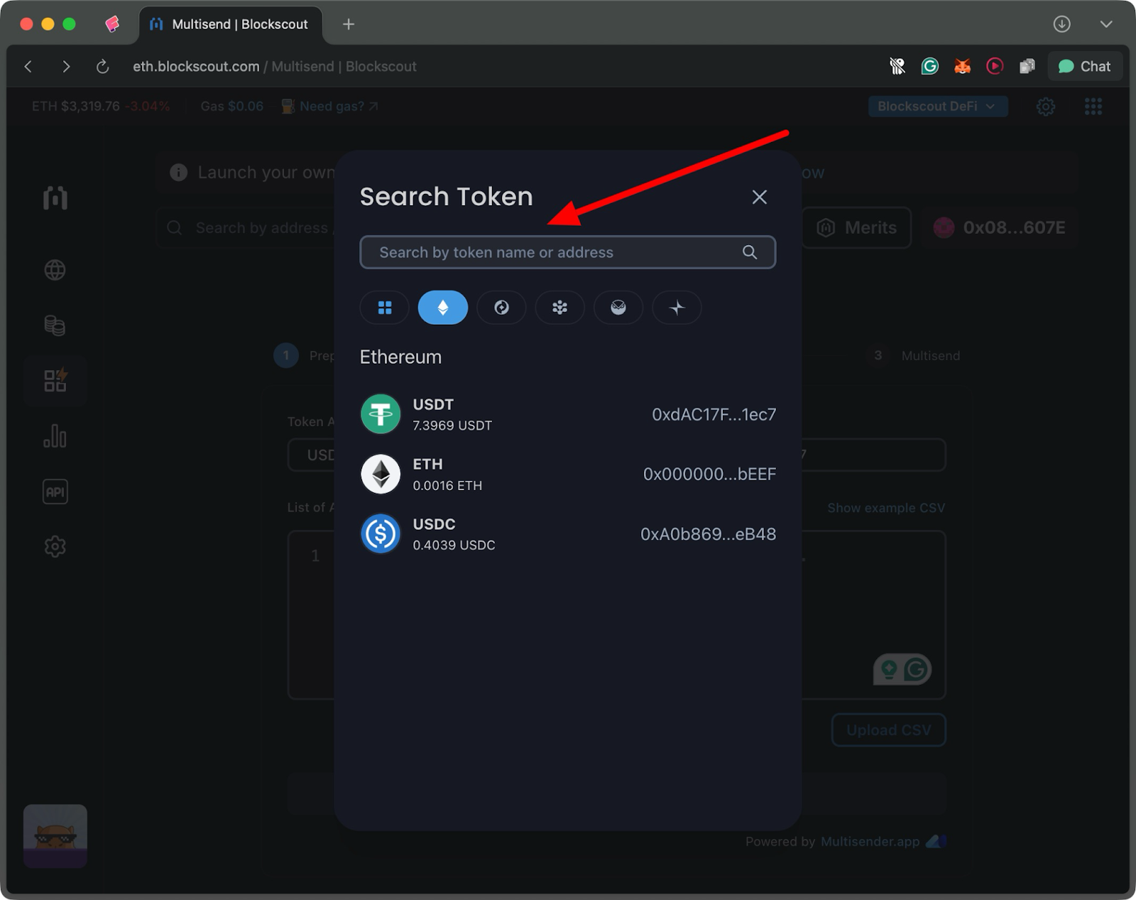 tokens on eth connect wallet batch send