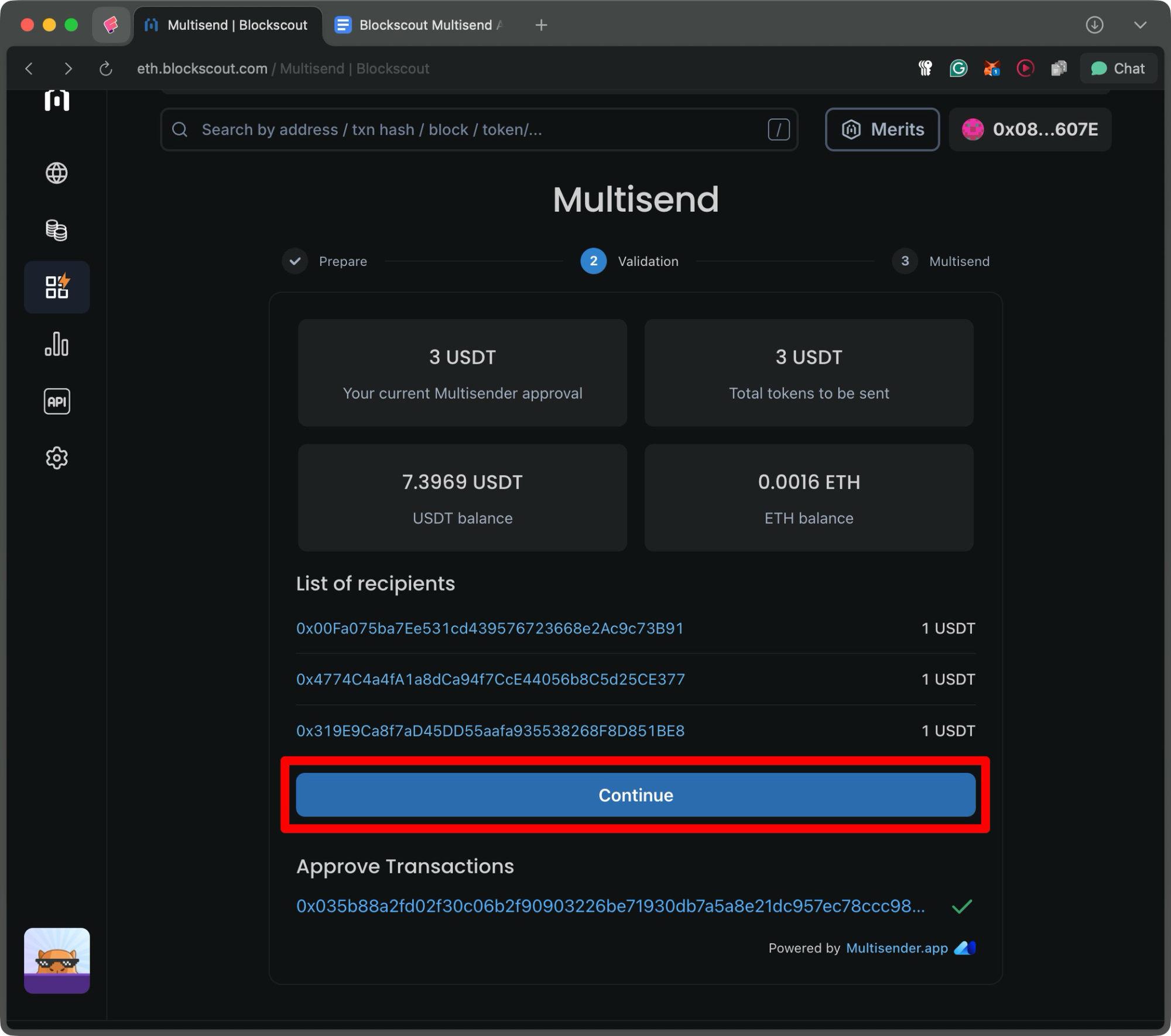 send multisend tx on eth block explorer save gas