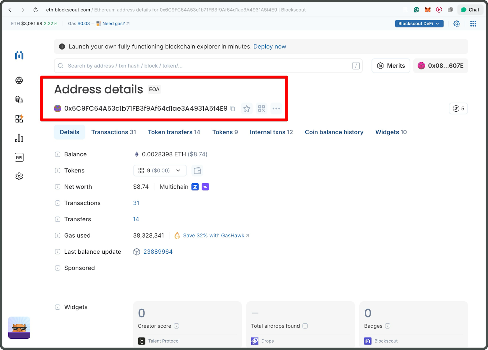 Blockscout Ethereum explorer Address details highlighted showing EOA wallet with ETH balance, token holdings, transaction count, and net worth information