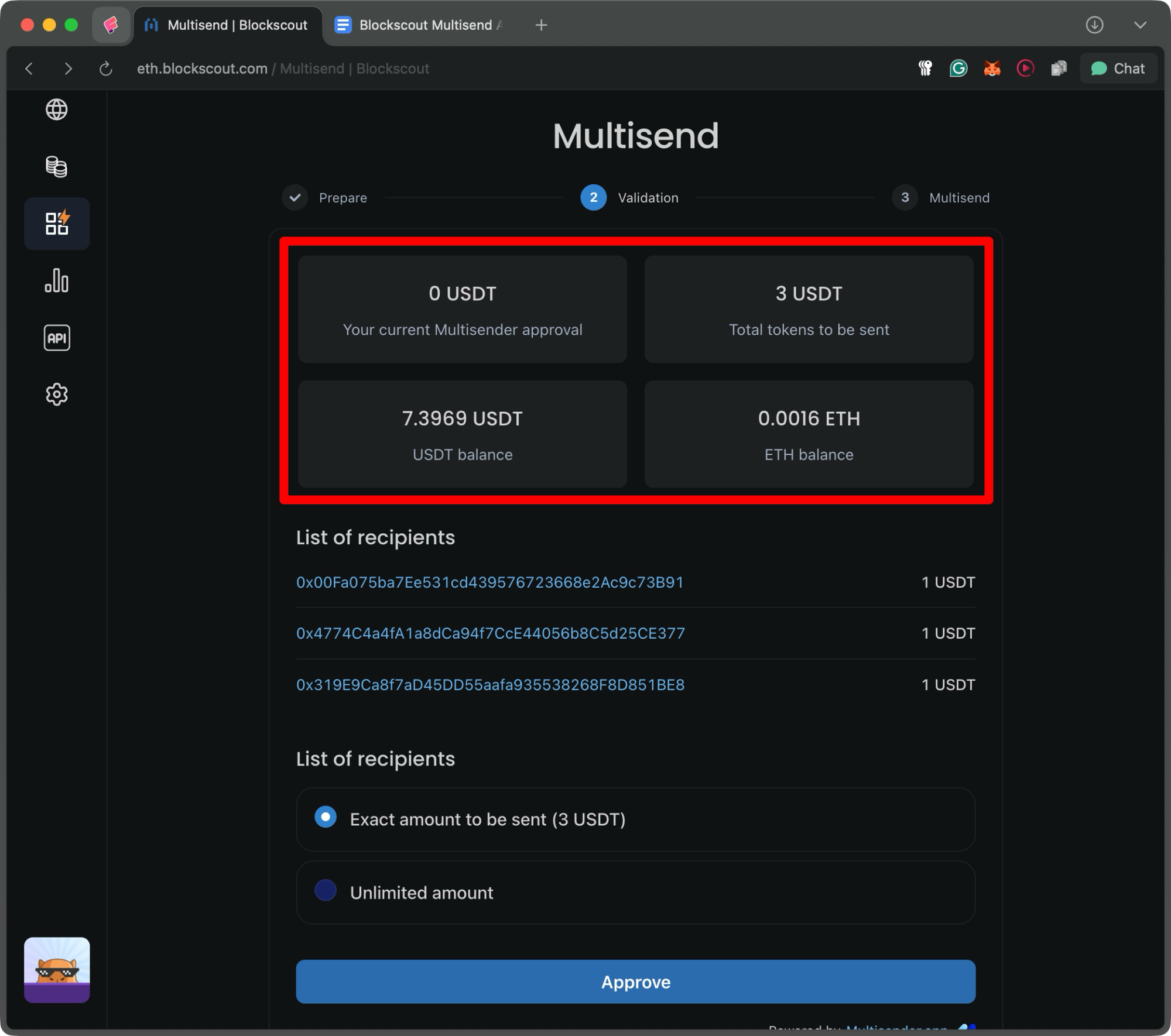 multisender wallet app on eth