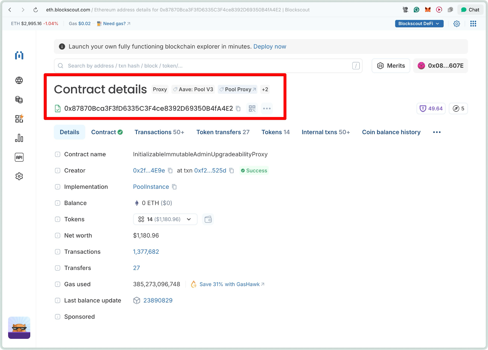 Blockscout Ethereum explorer Contract details page with header highlighted displaying Aave Pool V3 proxy contract address, Pool Proxy tag, and InitializableImmutableAdminUpgradeabilityProxy contract information
