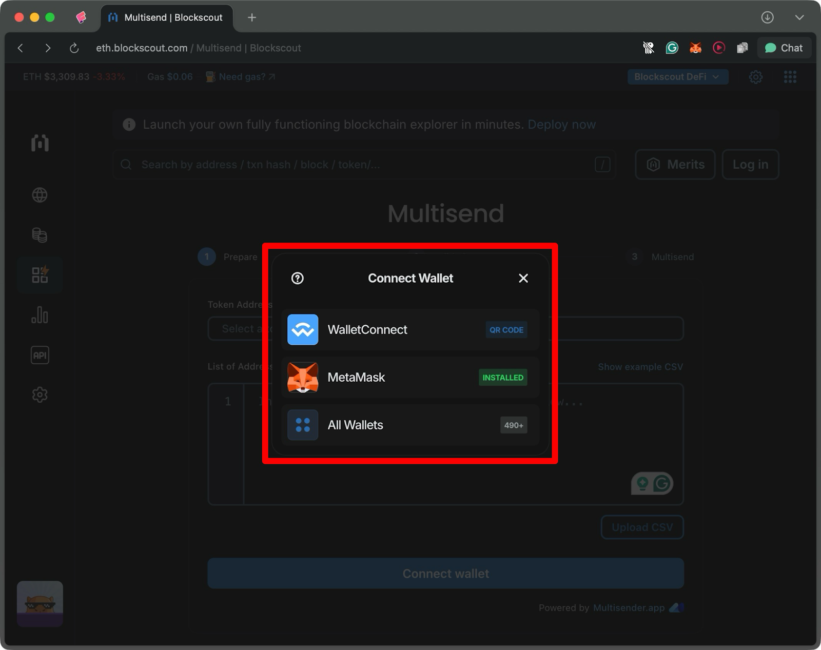 choose wallet to connect on the block explorer