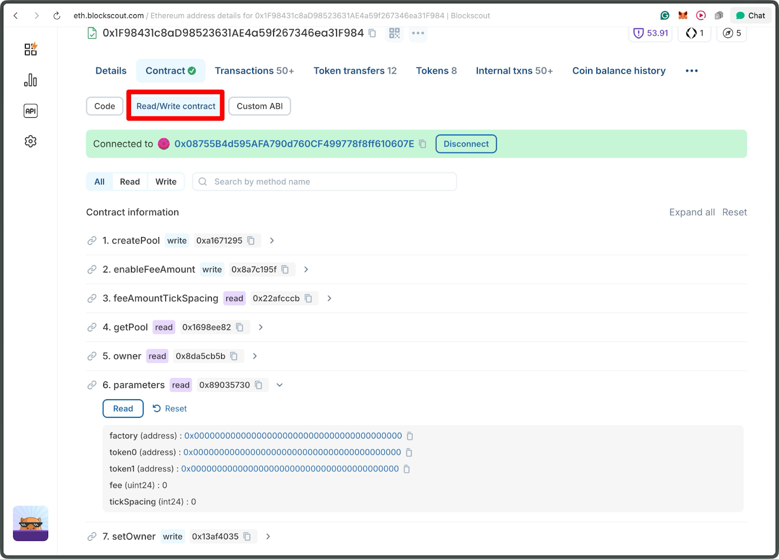Blockscout Ethereum explorer Read/Write contract tab displaying contract methods including createPool, getPool, and parameters with wallet connected for blockchain interaction