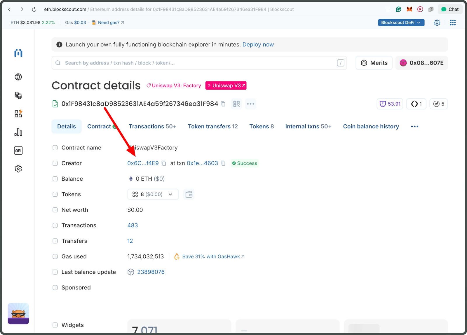 Blockscout Ethereum explorer Contract details page displaying Uniswap V3 Factory smart contract information with creator address, balance, tokens, and transaction count highlighted"