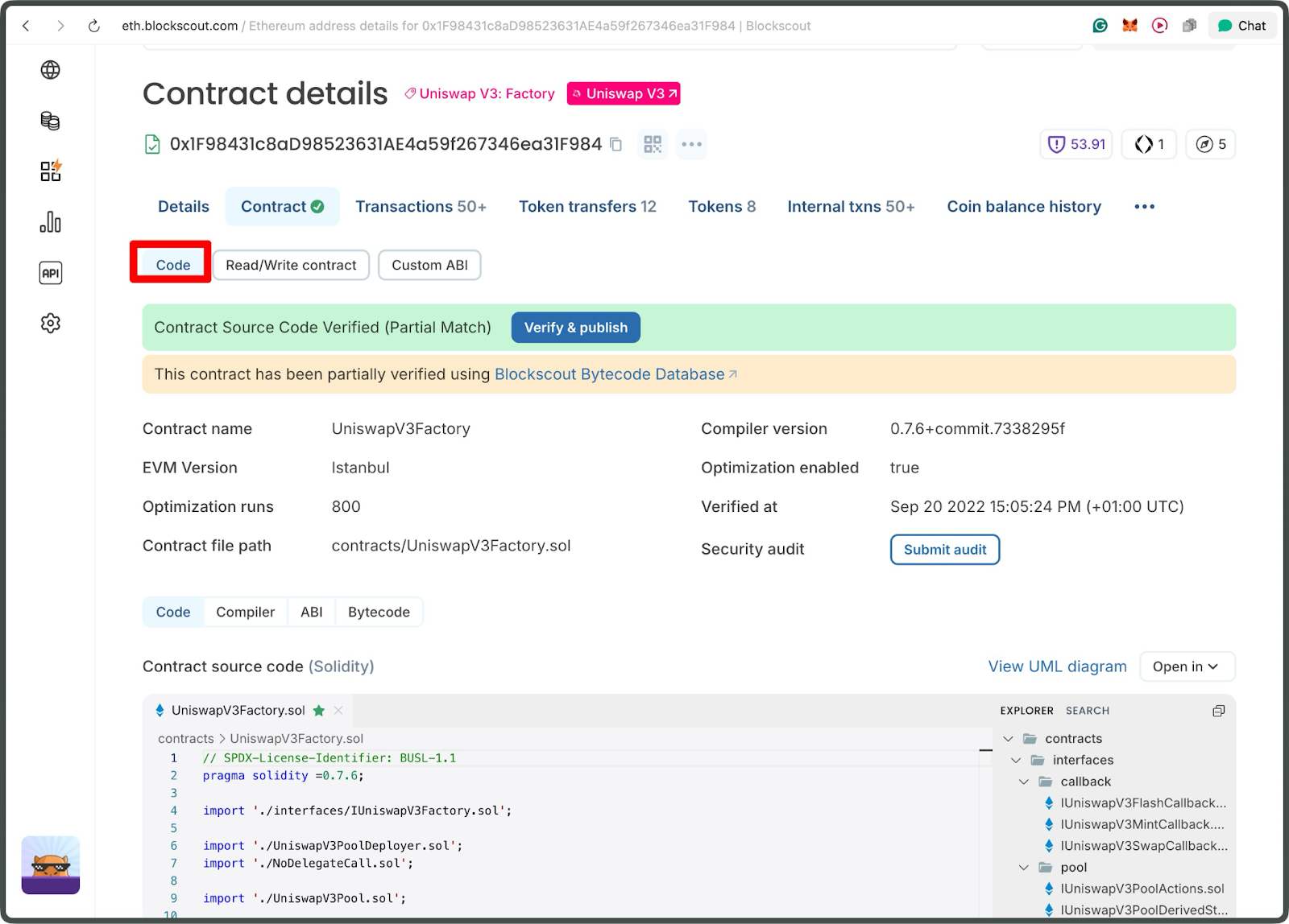 Blockscout Ethereum explorer displaying verified Uniswap V3 Factory smart contract source code with Code tab, contract information, and Solidity file structure