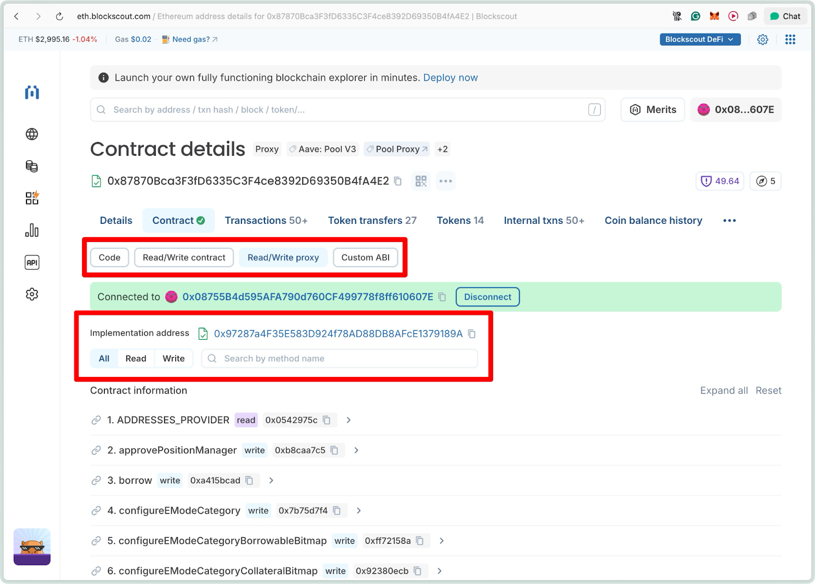 Blockscout Ethereum explorer Contract details for Aave Pool V3 proxy with Read/Write proxy tab and implementation address highlighted, showing contract interaction options with connected wallet