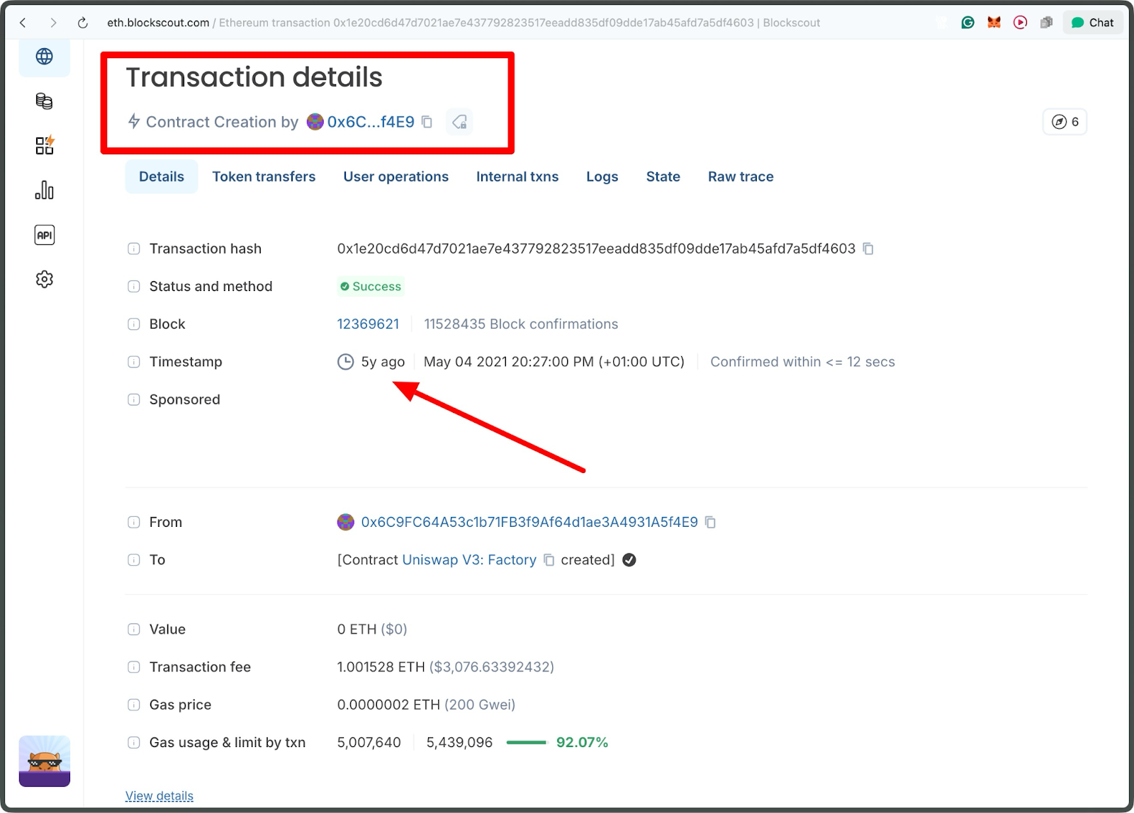 Blockscout Ethereum explorer Transaction details for contract creation showing Uniswap V3 Factory deployment with timestamp, creator address, transaction hash, gas fees and confirmation status