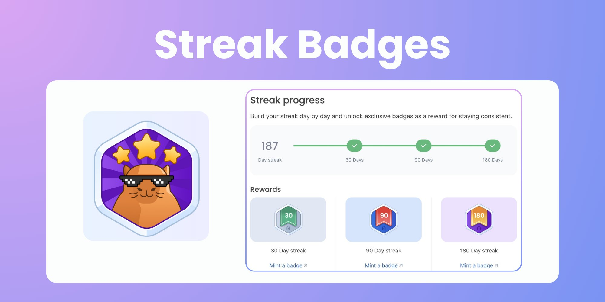 Blockscout Streak Badges: gamification feature showing 187-day streak progress with unlockable reward badges at 30, 90, and 180 days