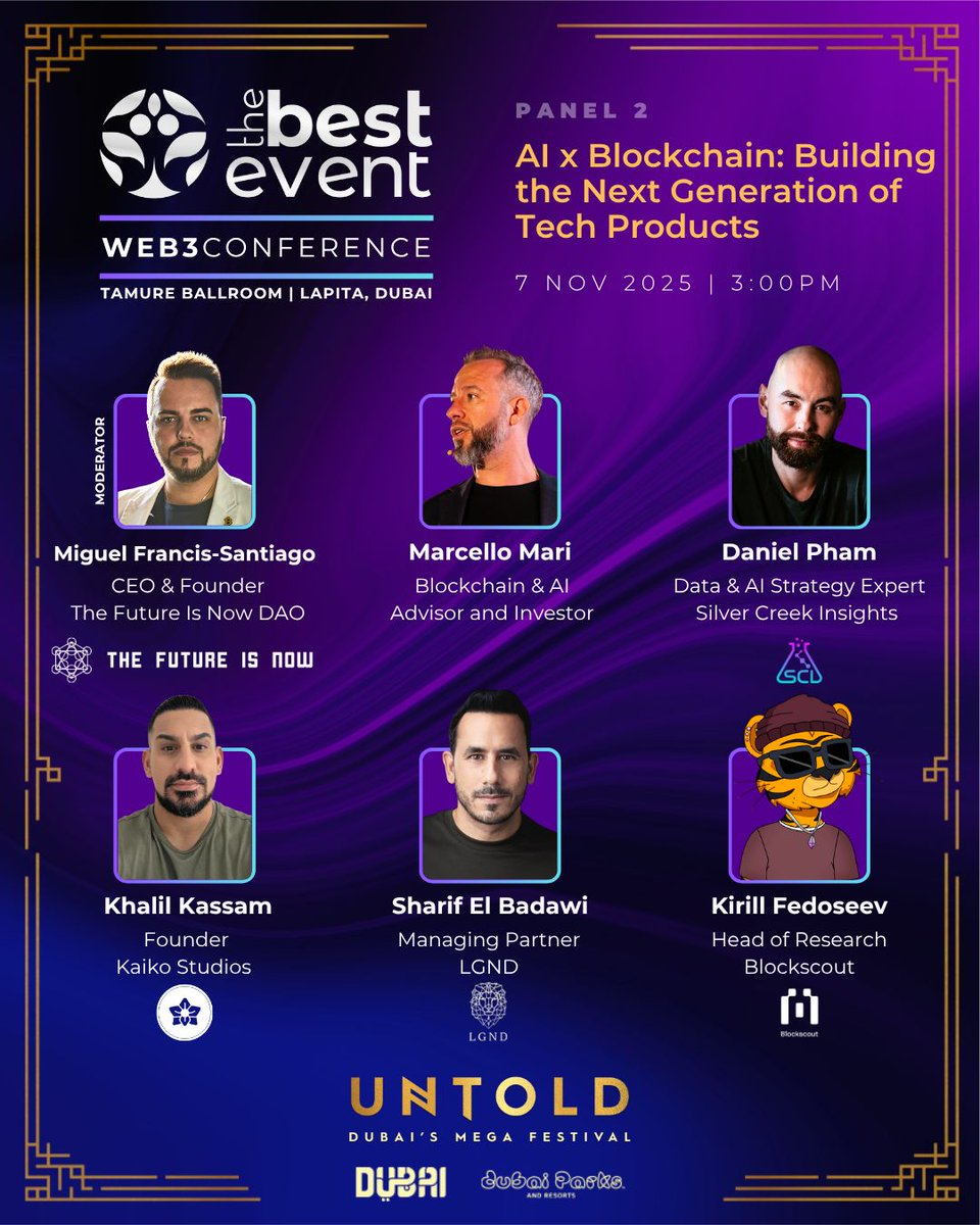 The Best Event Web3 Conference Panel 2: AI x Blockchain panel featuring Blockscout's Head of Research Kirill Fedoseev and industry experts in Dubai, November 7, 2025