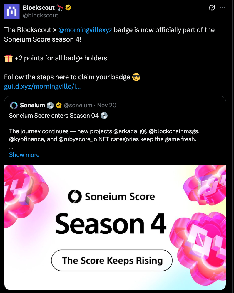 Blockscout X post on the Soneium Score Season 4 challenge