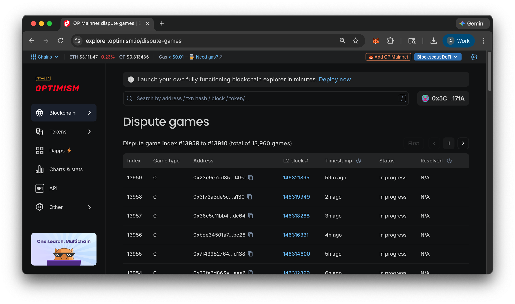 Dispute games on the Optimism rollup Blockscout explorer