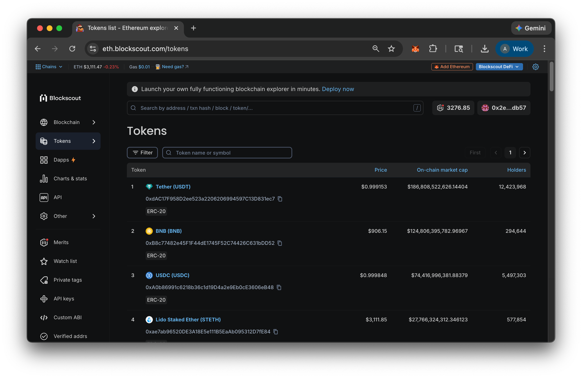 Token list on the Ethereum Blockscout explorer