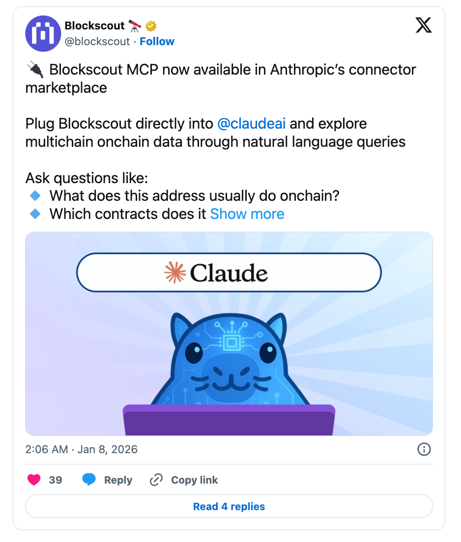 X post announcing Blockscout integration into Anthropic's connector directory