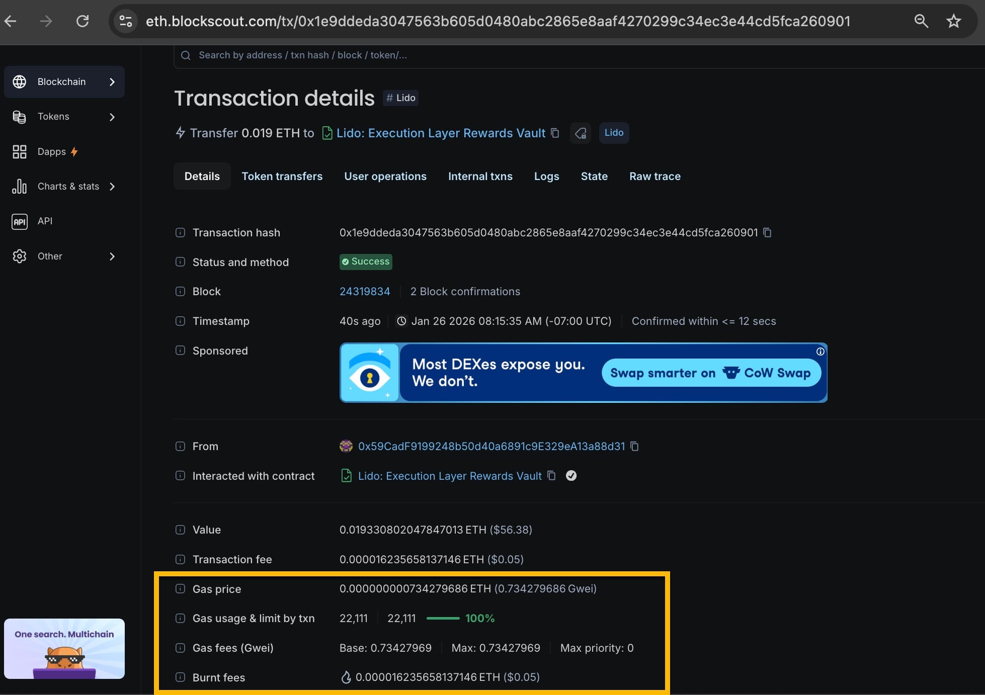 Blockscout transaction details highlighting gas related information