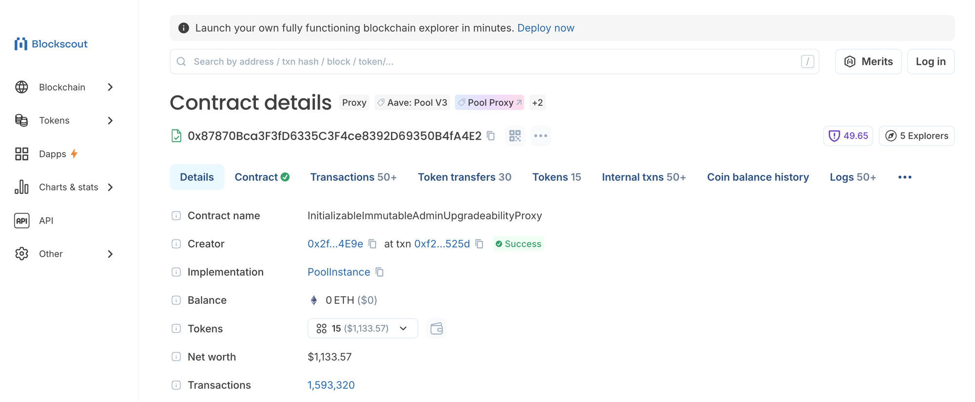Aave Pool V3 contract page ethereum block explorer