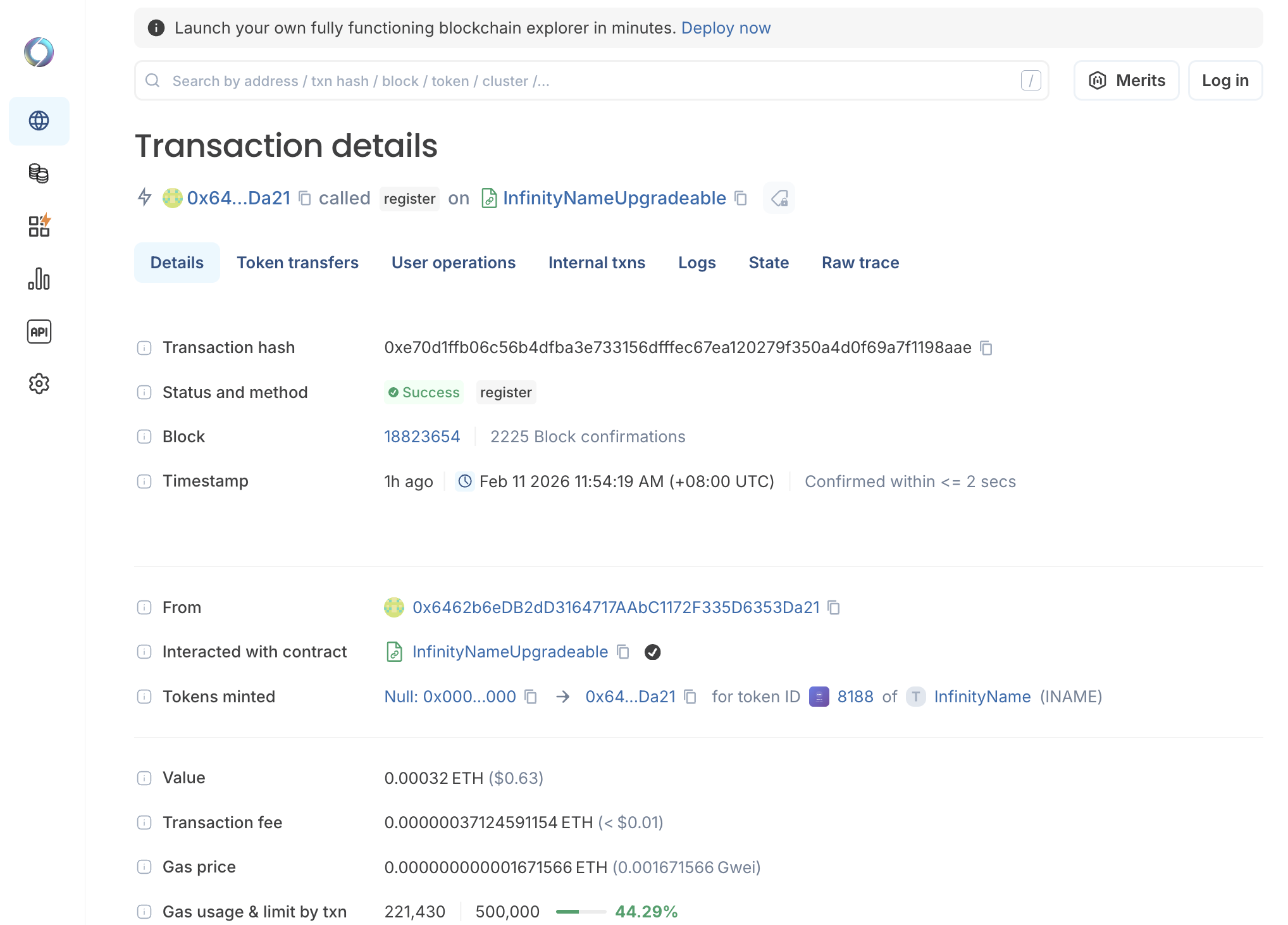 InfinityName Transaction block explorer Soneium