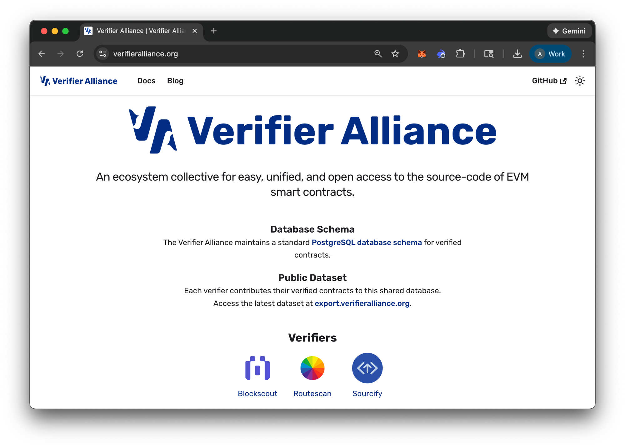 The Verifier Alliance website, an ecosystem collective promoting open contract verification and featuring blockscout, routescan and sourcify