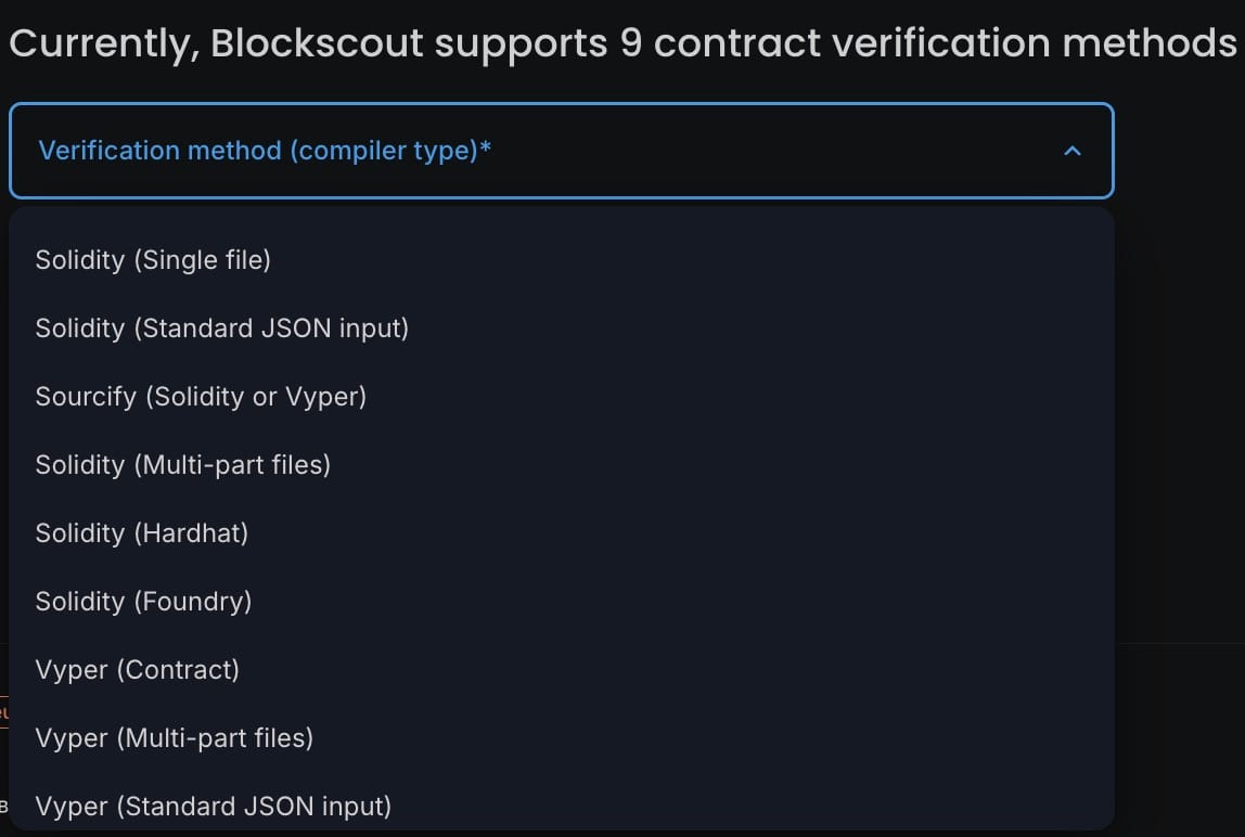Blockscout supports 9 different verification methods
