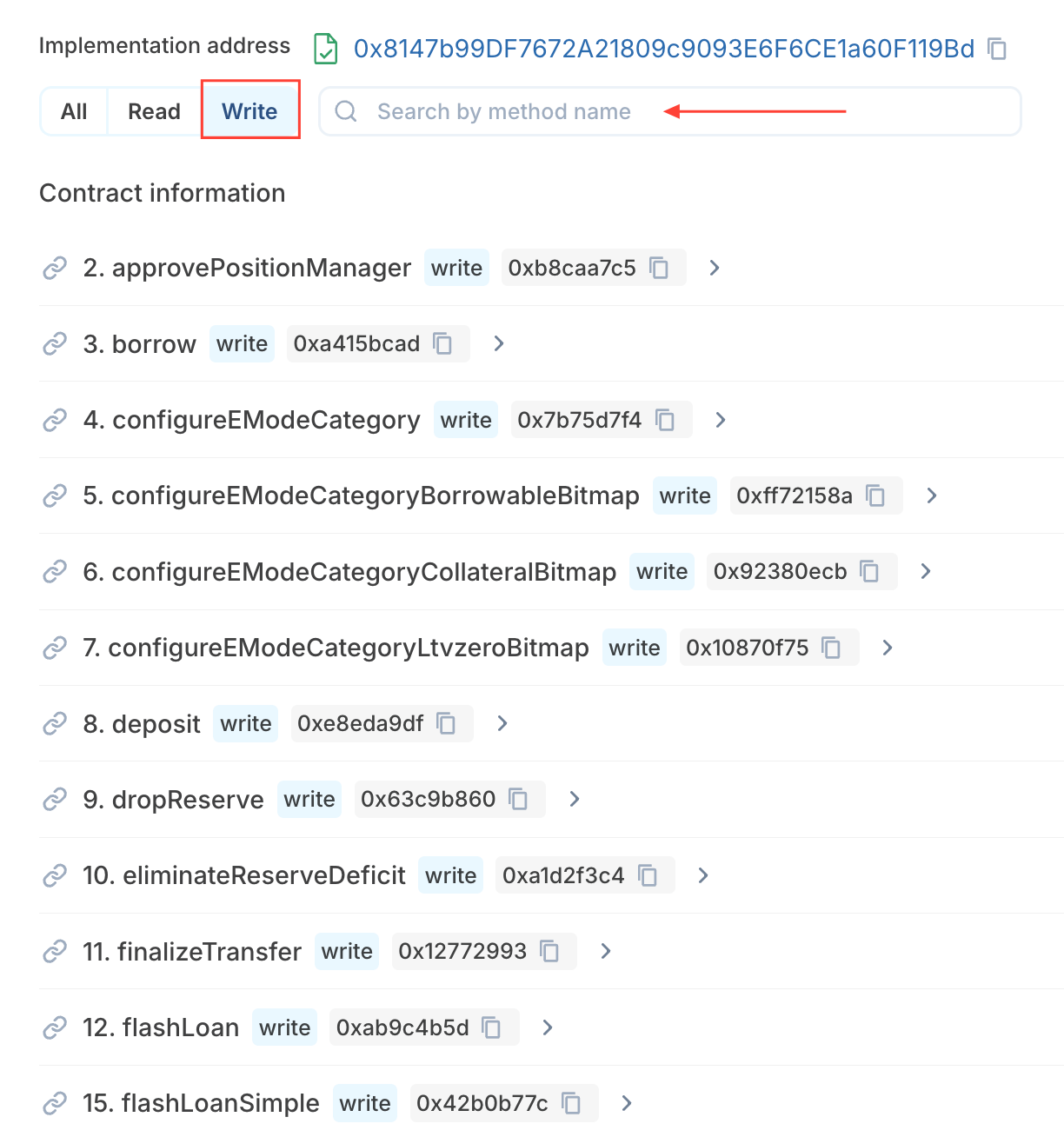 smart contract functions list block explorer