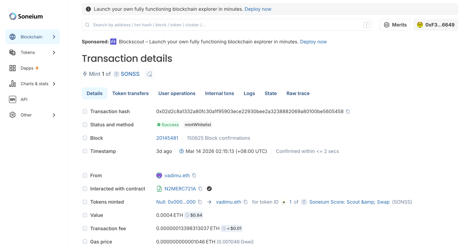 mint transaction soneium block explorer