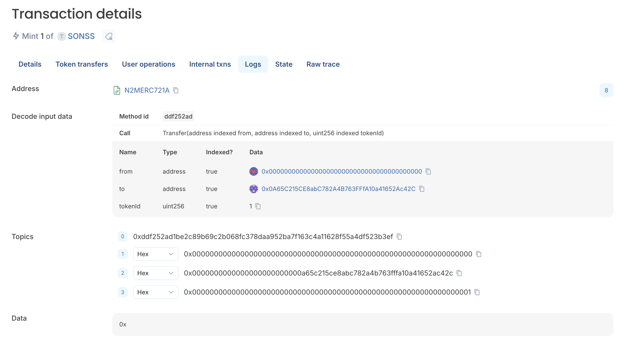 NFT mint logs data block explorer