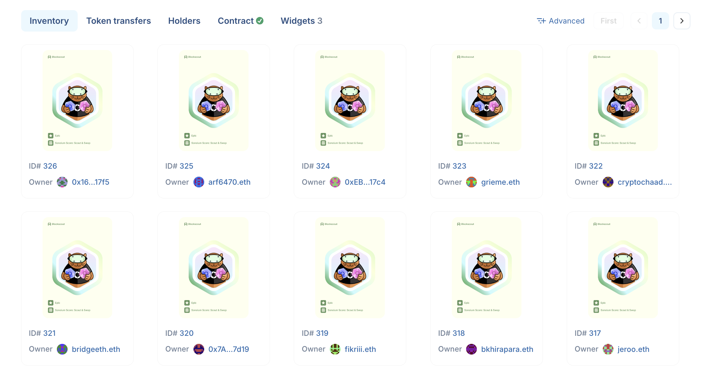 Soneium NFT Inventory page block explorer