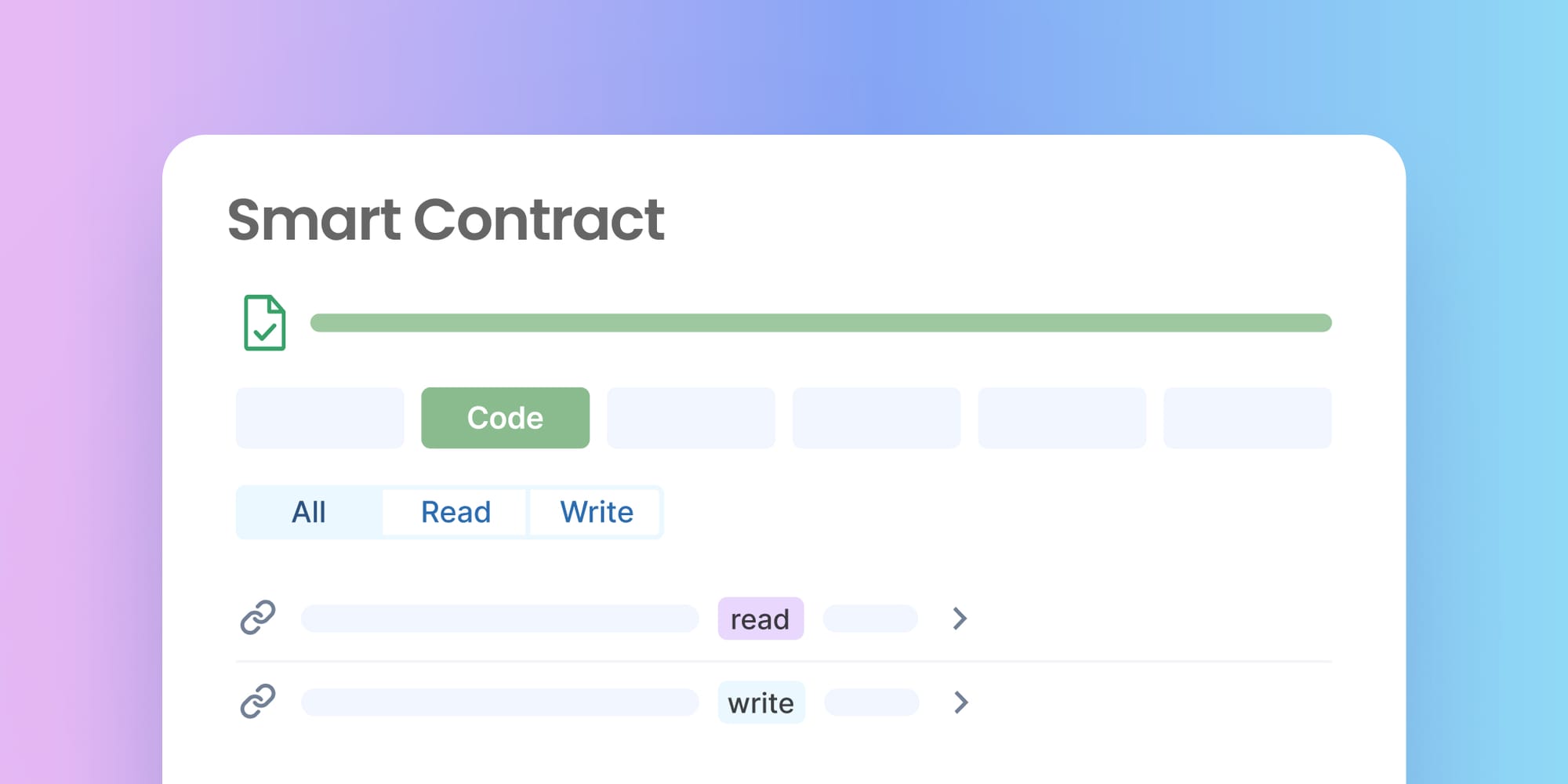 Smart contract interface design mockup showing verified contract with green checkmark, Code button, and navigation tabs for All, Read, Write functions 