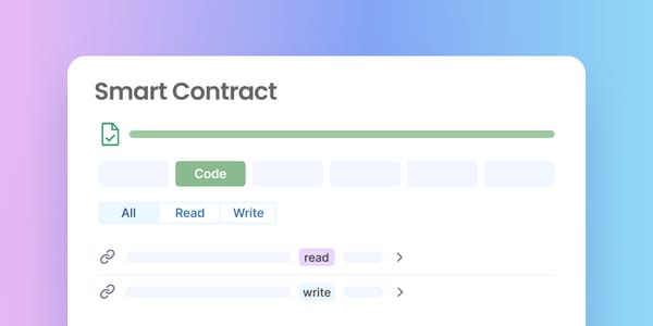 Smart contract interface design mockup showing verified contract with green checkmark, Code button, and navigation tabs for All, Read, Write functions 